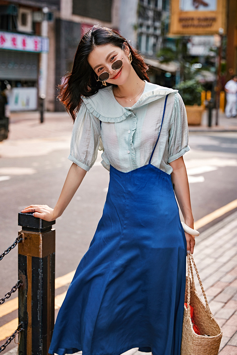 s7393夏季新款 shallgar原创设计品牌女装显瘦花苞袖娃娃领衬衫