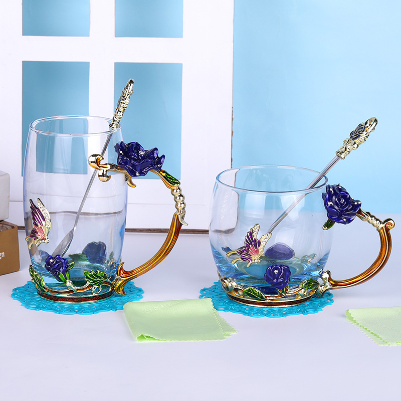 新款热销中式玫瑰珐琅彩水杯 耐高温无铅玻璃花茶杯礼品套装批发