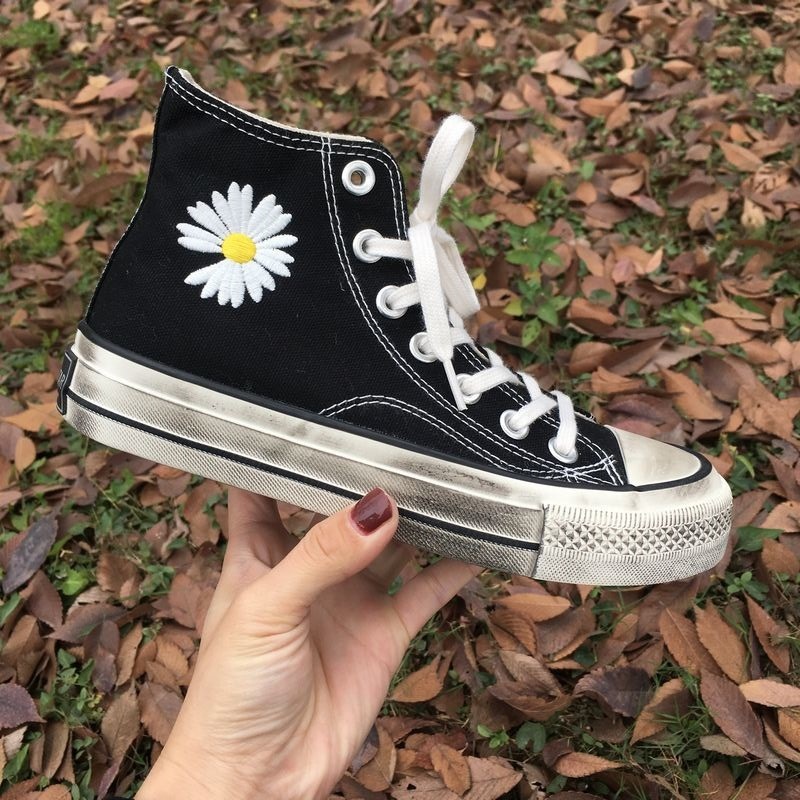 gd权志龙联名高帮小雏菊帆布鞋女复古脏脏鞋港风做旧黑色菊花鞋女