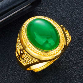 越南沙金仿宝石玉石男戒指 马来玉开口男士戒指 仿玉髓碧玺指环