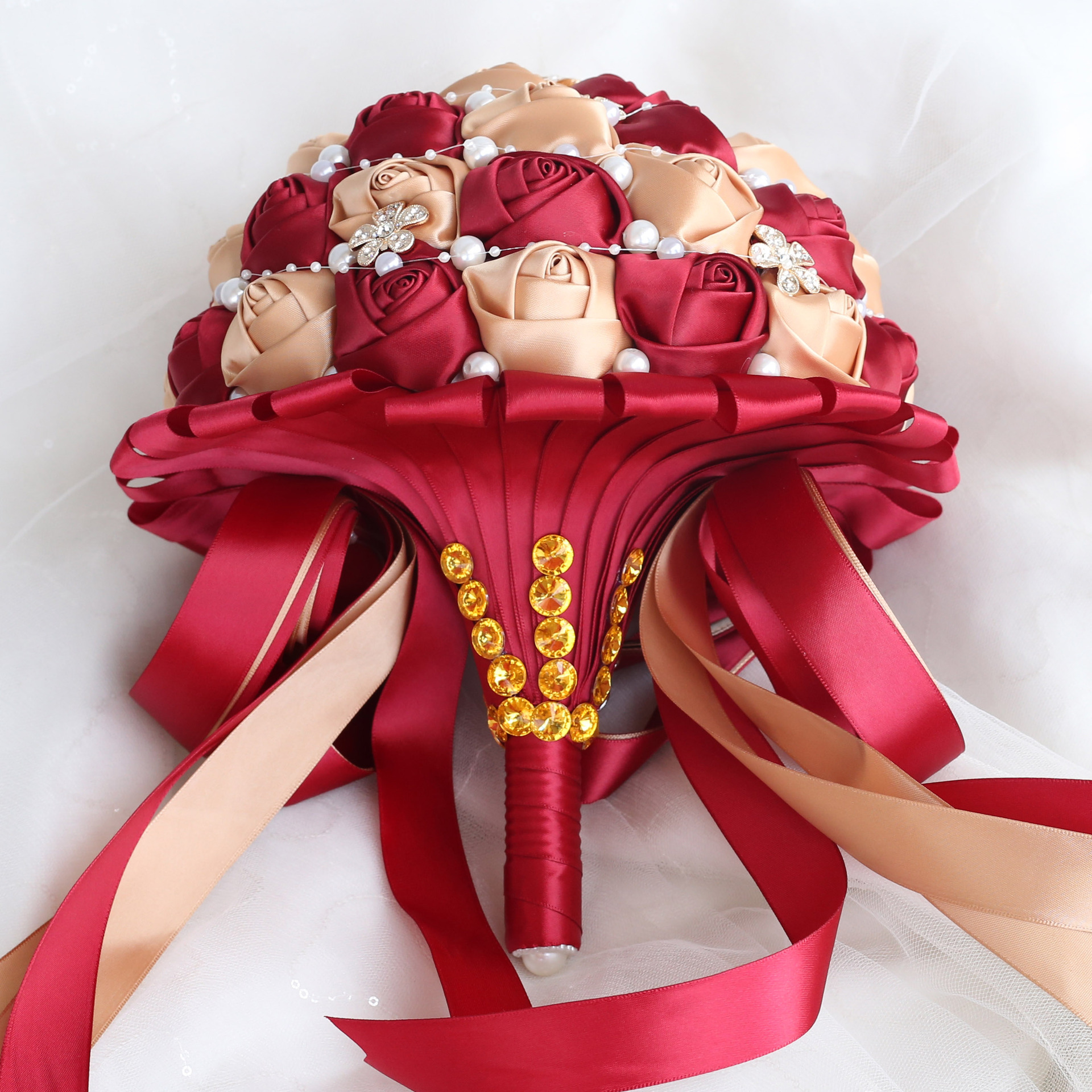 跨境货源24cm韩式缎带新娘手捧花花束 结婚婚庆用品仿真花w224a-g