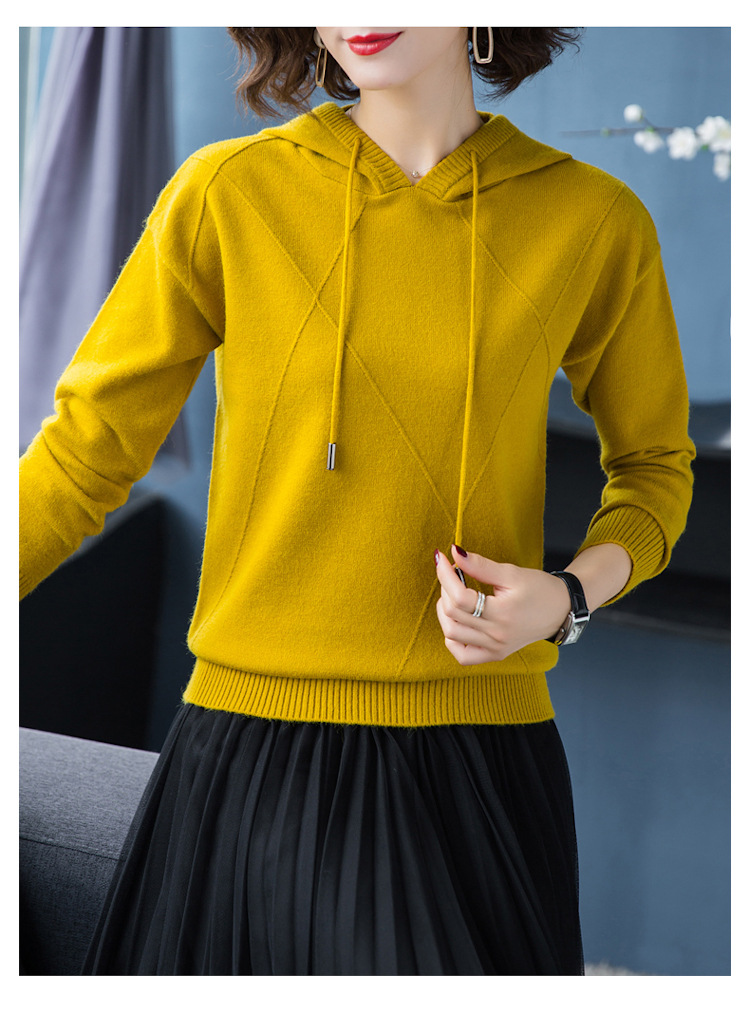 2019秋冬新款韩版纯色连帽领毛衫毛衣女长袖宽松带帽针织衫女