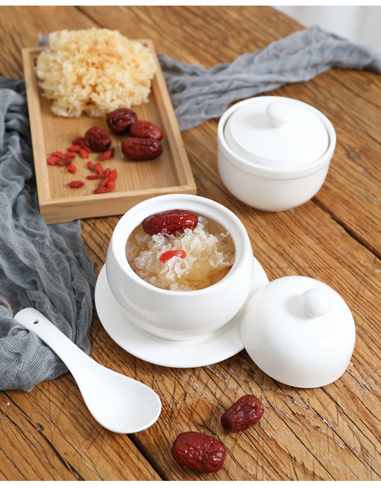 供应 燕窝隔水日用陶瓷小炖盅 白色酒店餐具甜品海参汤盅带盖.