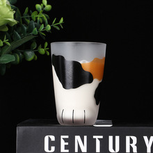 猫爪形状玻璃杯牛奶杯蒙砂玻璃图案广告礼品杯创意饮料杯