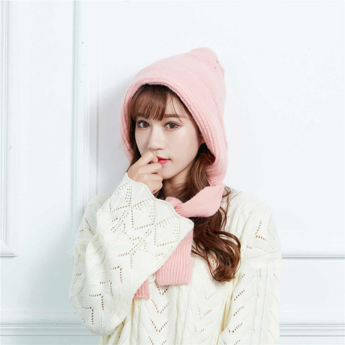 秋冬单色简约围脖帽子两件套兜帽时尚百搭厚款保暖针织帽