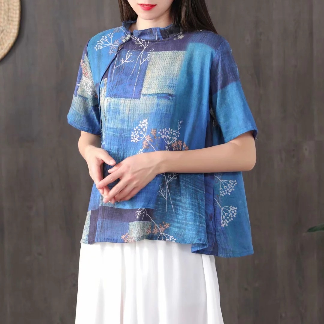 1758夏季女装民国风复古 印花立领斜襟盘扣棉麻短袖上衣汉服茶服