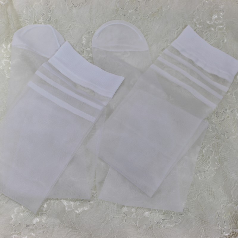 日系纯白色长筒袜夏季超薄大腿袜四圈横杠性感萝莉二次元长丝袜子