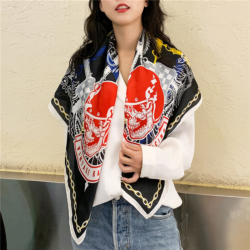 Magic Skull Spring and Autumn New 90cm Printed Scarf Emulation Silk Scarf Women's Travel Twill Multi-Purpose Shawl