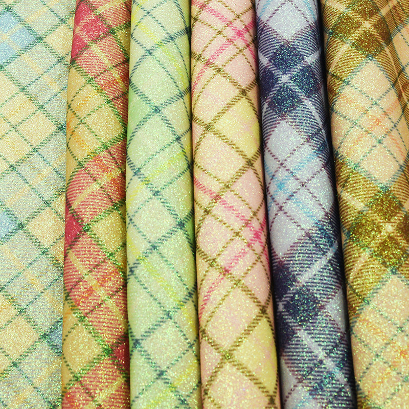 厂家直销方格数码印花格利特闪光格丽特手袋箱包包装纸pu革