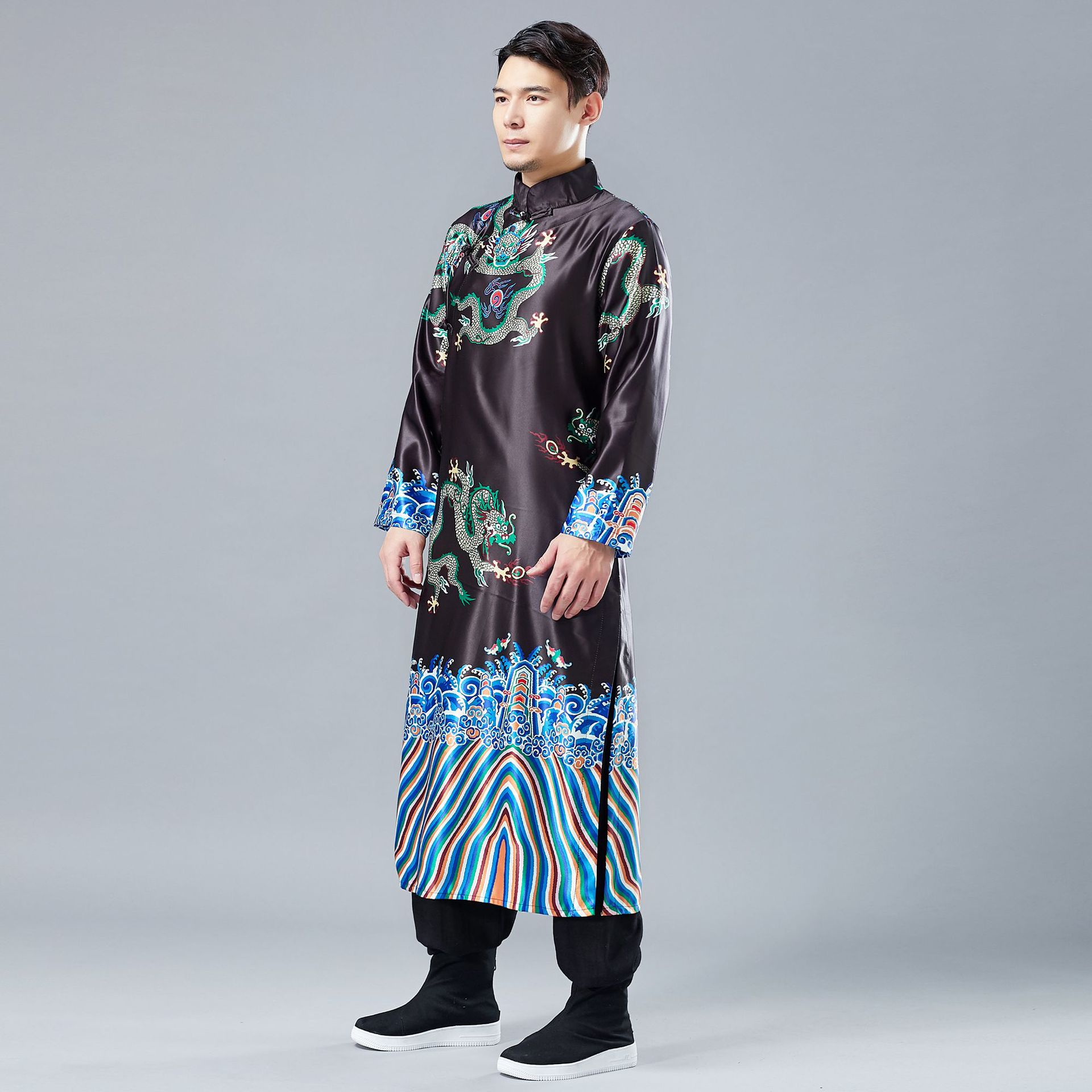 2019春季新款 小龙盘扣长衫 复古中国风长衫男盘扣开衫民族服装