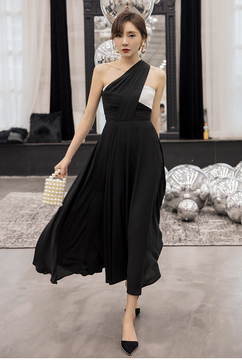 衣阁里拉2020夏新款黑白撞色斜肩演出派对晚宴礼服连衣裙女65079