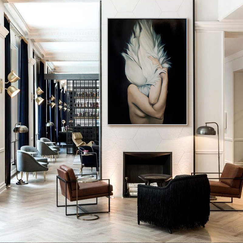 13款 轻奢晶瓷画酒店ktv装饰画客厅会所挂画黑白羽毛人物餐厅壁画