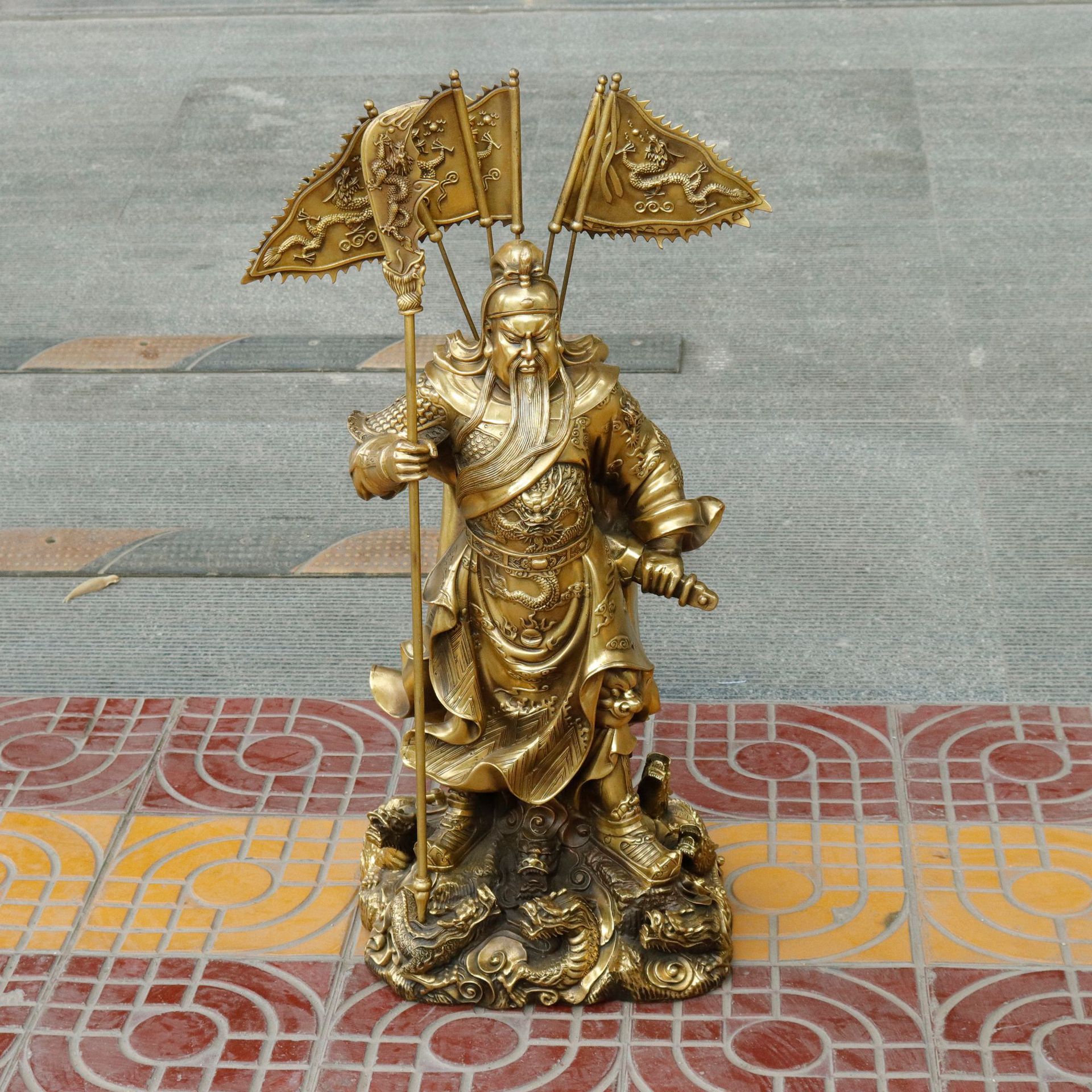 黄铜九龙关公铜像摆件 武财神关羽踏龙关公二爷招财开业礼品