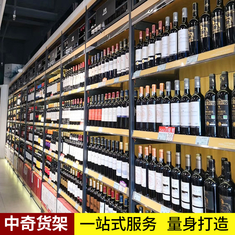超市酒水货架钢木靠墙红酒货架超市单面酒水货架展示架