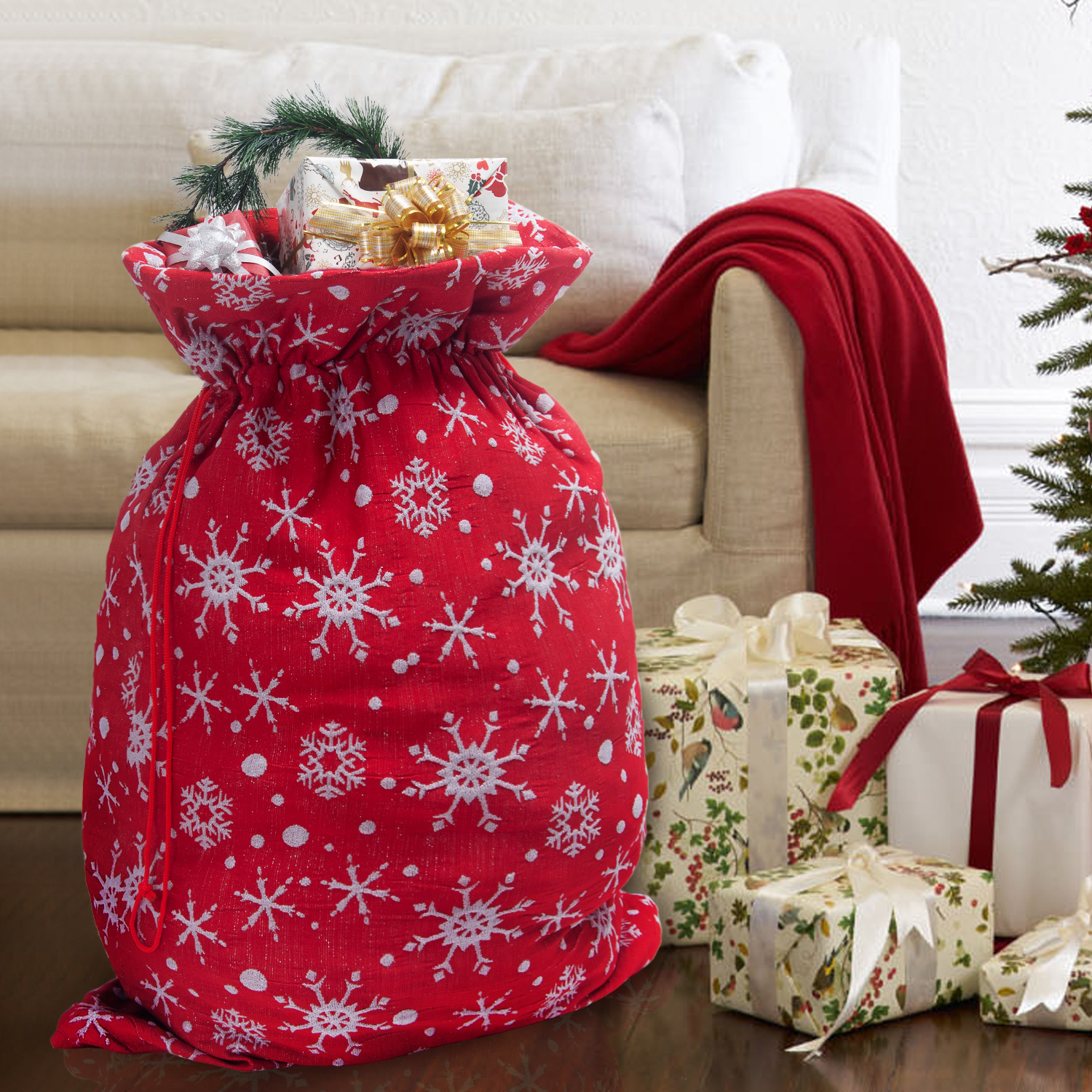 新款圣诞装饰圣诞节礼品袋 抽绳糖果礼物袋 红底白雪花圣诞束口袋