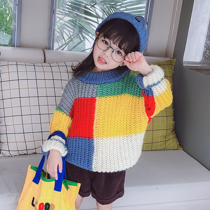 女童秋装毛衣2020新款韩版儿童拼色针织上衣洋气女宝宝圆领打底衫