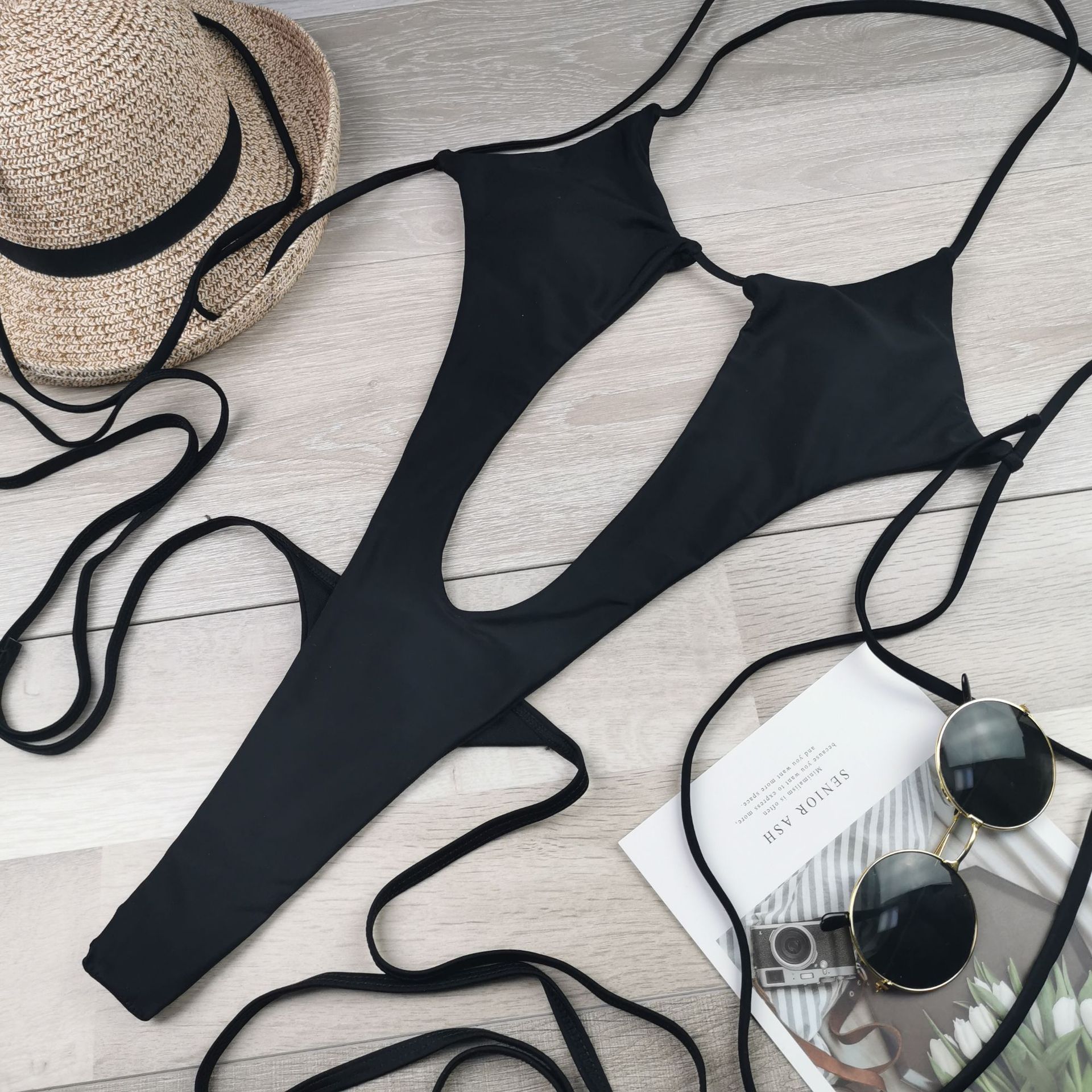 2020新款比基尼欧美连体泳装纯色抽绳绑带性感一体式连体泳衣2007