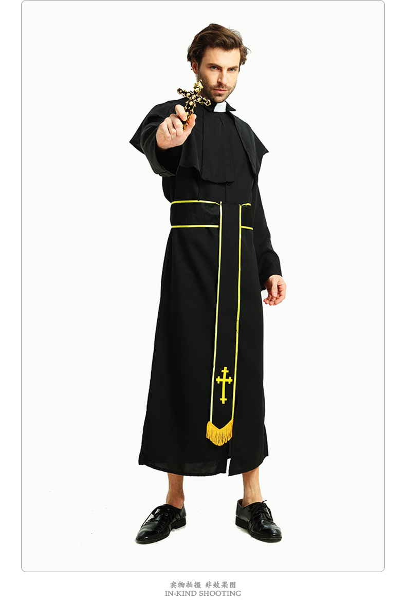 万圣节欧美话剧舞台表演服男金黑传教士长袍神父派对角色扮演服装