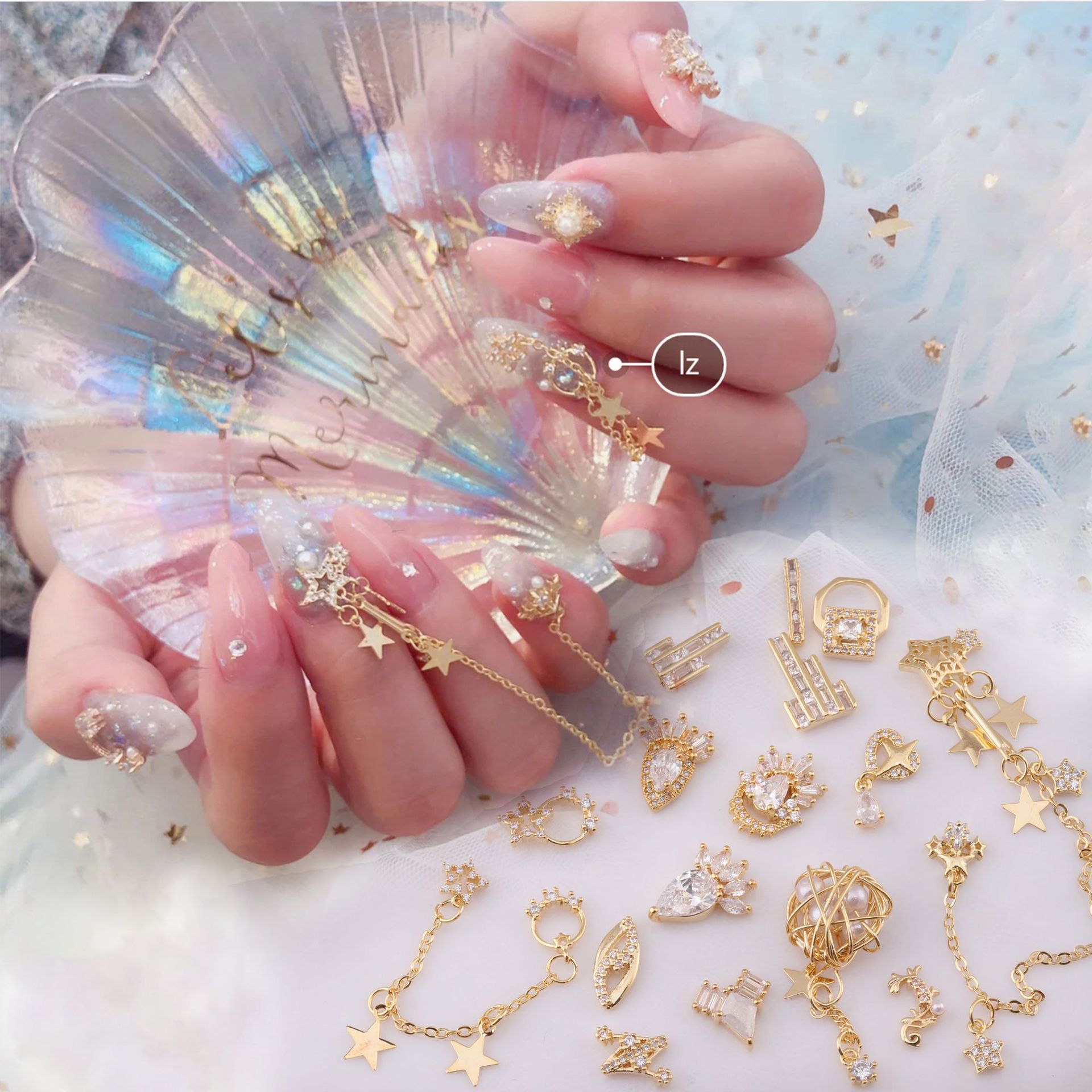 高端美甲锆石金属装饰星月长链条吊坠闪钻奢华指甲饰品lz同款网红