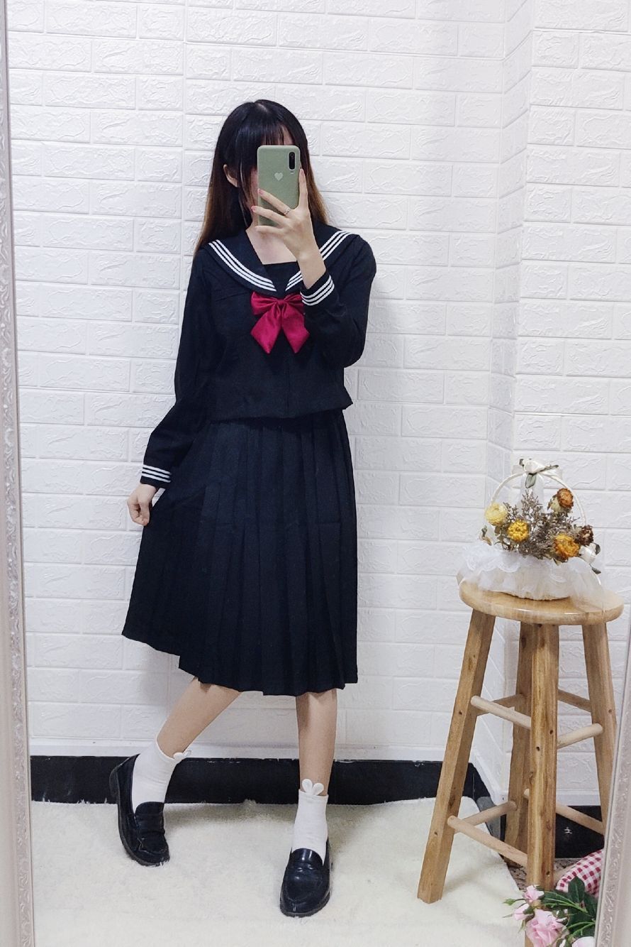黑三本jk制服日本正统学生女校服黑色白三本水手服学院风长裙套装