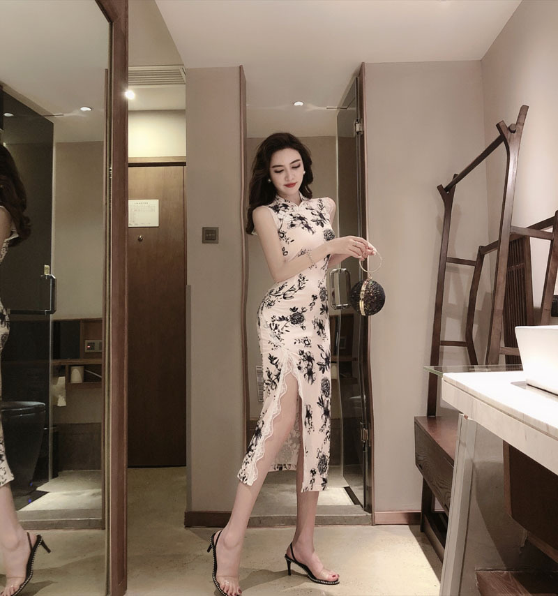 现货 夏季新款性感夜店改良旗袍印花开叉蕾丝拼接包臀连衣裙长裙