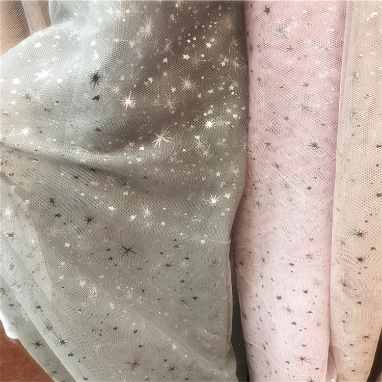 2020网纱百褶ins超火星星纱裙布料流行时尚连衣裙亮片纱网裙面料