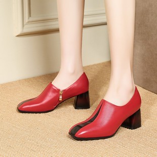 粗跟单鞋女2019春季新款百搭方头小皮鞋女士真皮大码高跟鞋民族风