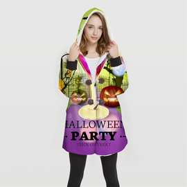 亚马逊万圣节女士长款外套棉服带帽数码印花图形棉花绒加厚