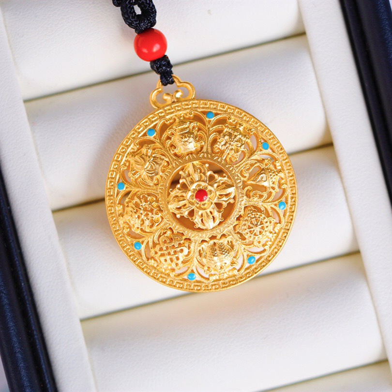 古法黄金八宝吊坠男女款足金999滴胶手工八瑞相项链