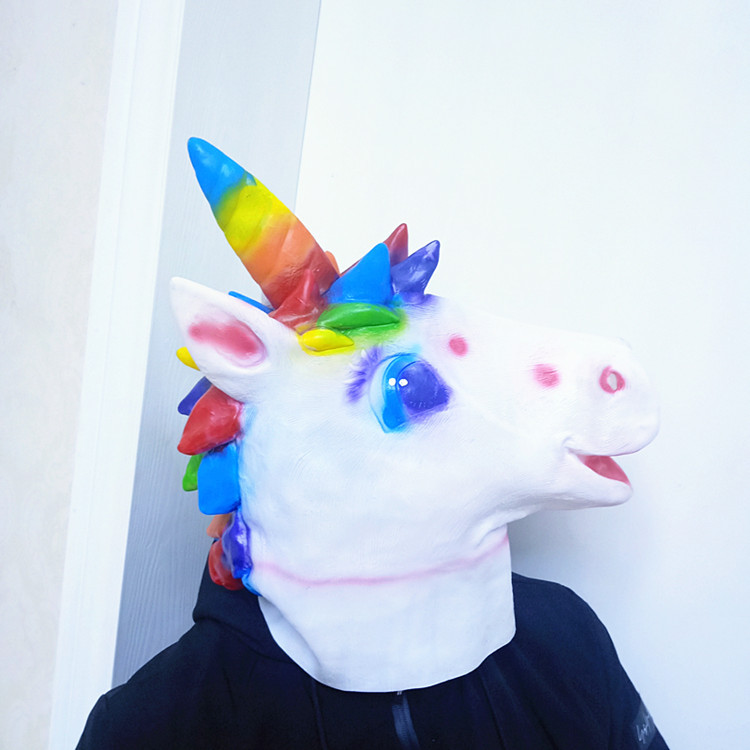 独角兽面具彩虹独角兽头套七彩马头万圣节动物头套乳胶恐怖面具派