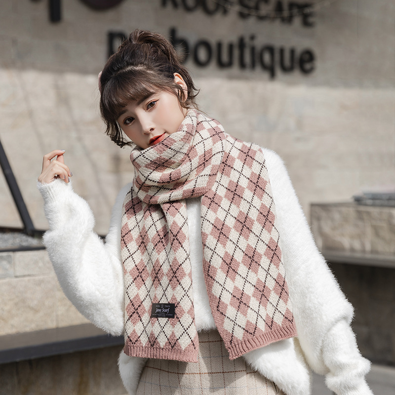 Knitted Diamond Plaid ~ Unique Ins Korean Style Japanese Style Street Sweet Autumn-Winter Warm and Thickening Scarf Dual-Use Scarf