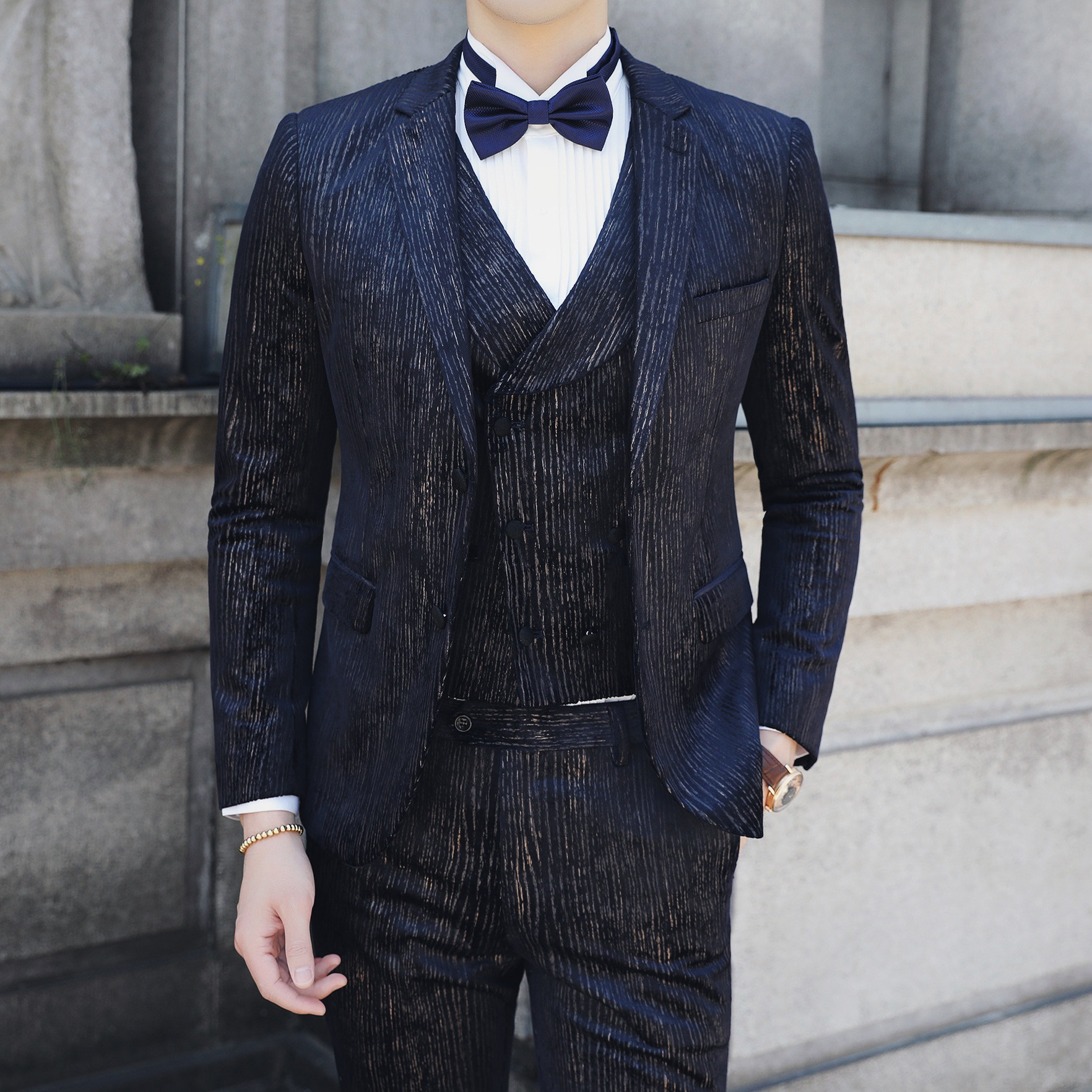 西服套装男士韩版修身双排扣西装印花丝绒晚宴礼服主持人司仪服装