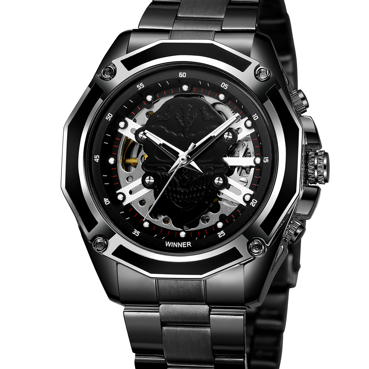 一件代发t-winner男士全自动机械表镂空骷髅头休闲手表带机械表