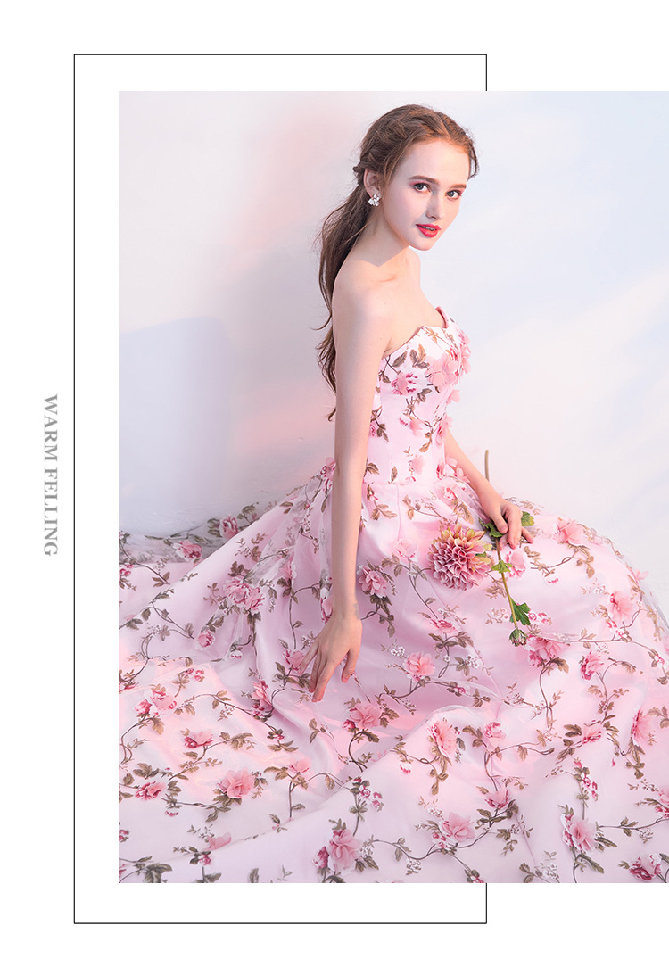 性感抹胸手工立体花朵粉色新娘拖尾婚纱礼服结婚敬酒服 116 夏季