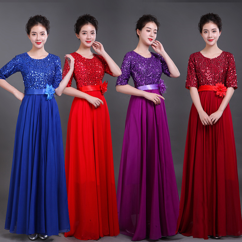 新款女士亮片合唱服长裙合唱团服装舞台大合唱演出服团体合唱服装