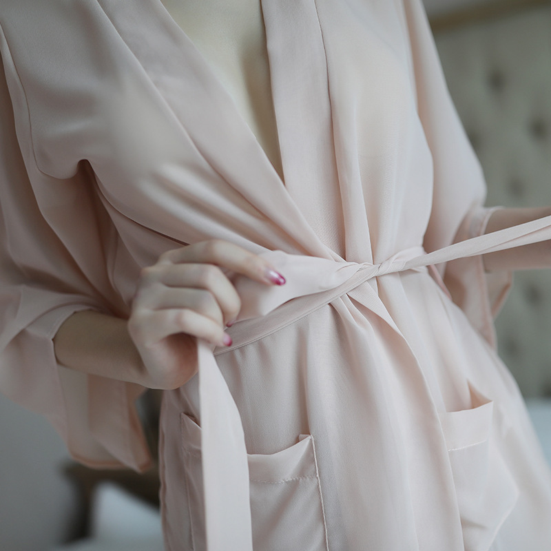 厂家直销情趣内衣性感诱惑女装透明雪纺睡袍三点式浴袍套装代发