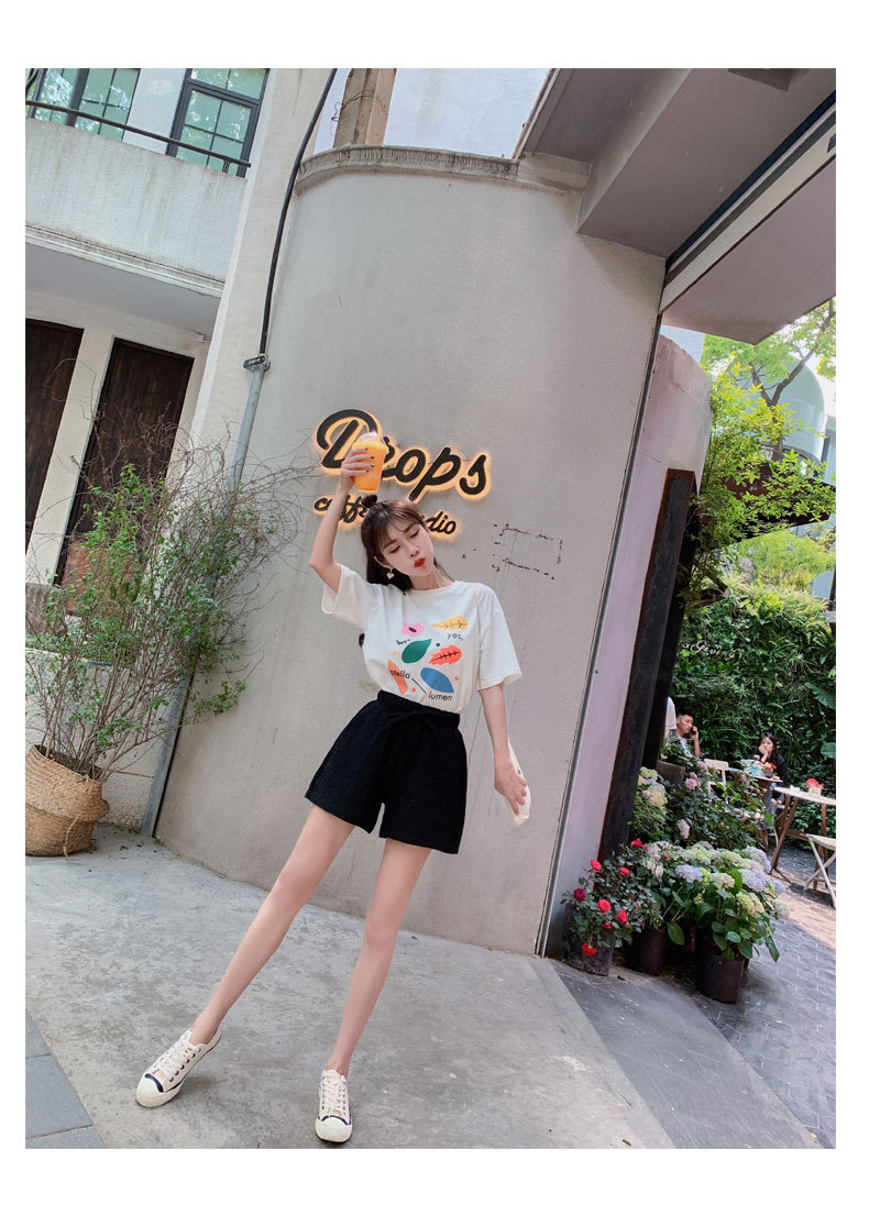 2019夏季新款高腰显瘦宽松三分女裤腰绳阔腿裤h-277