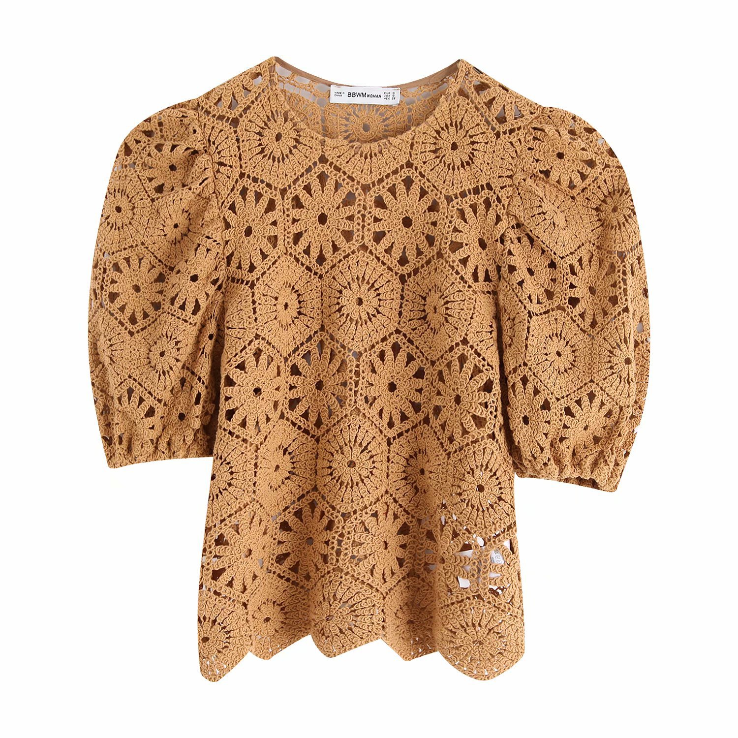 外贸热销秋季新款欧美风钩针编织圆领泡泡袖针织上衣2142117