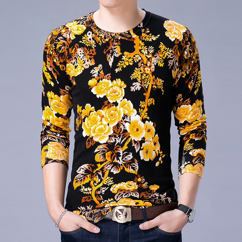 秋季男士新品花式毛线衣薄款 时尚大黄花图案全身印花针织打底衫