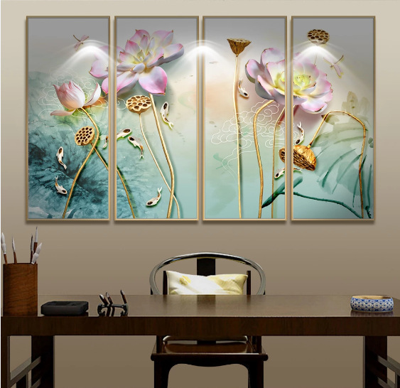 新中式8d古典电视背景墙壁纸18d立体浮雕水墨画荷花装饰壁画客厅