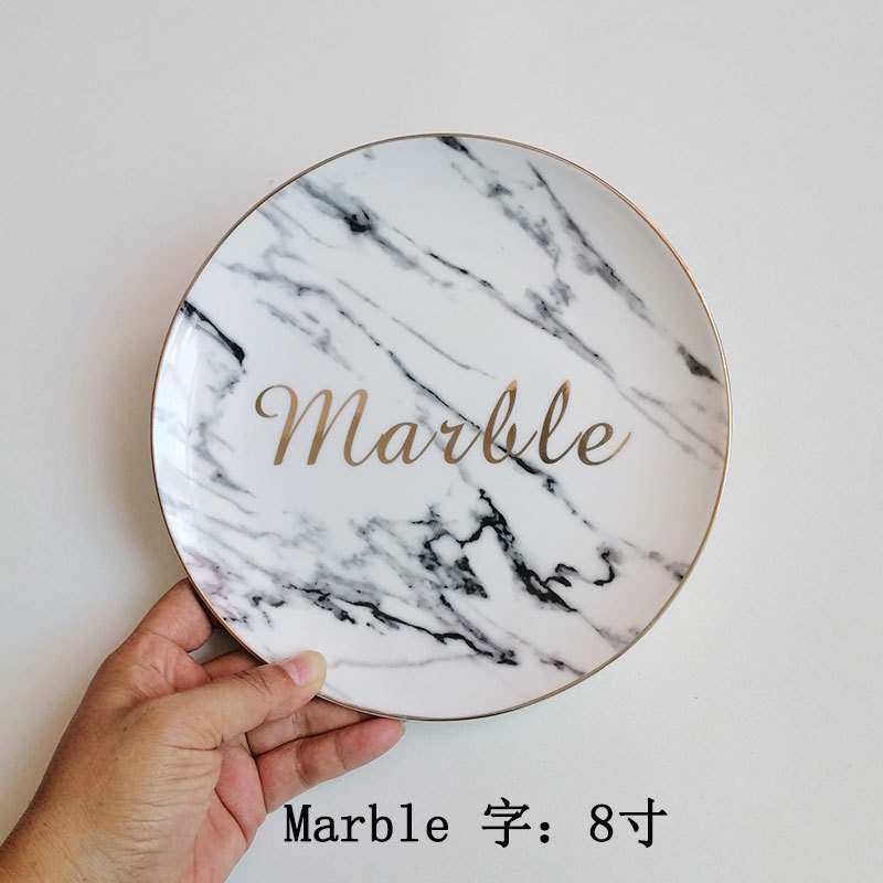 Nordic Style Gold-Painted Marble Series Ceramic Breakfast Plate Western Cuisine Plate Steak Plate Dish Plate Fruit Plate Decorative Tray