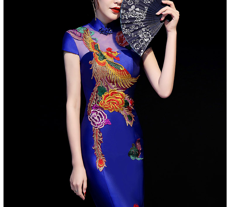 走秀旗袍 拖尾晚礼服宴会装包臀鱼尾旗袍裙舞台主持走秀演出服