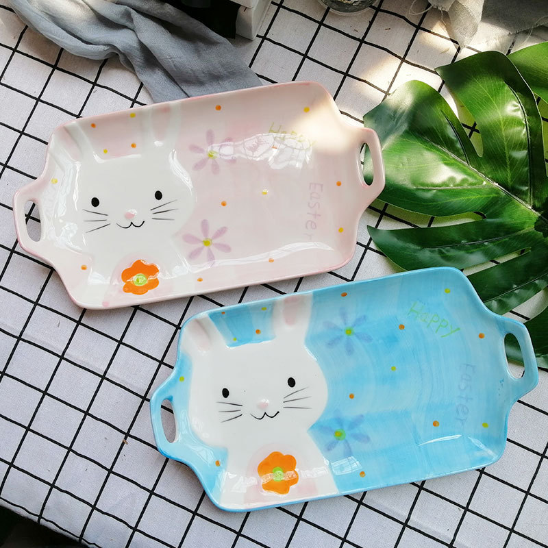 Creative Binaural Rectangular Plate Ins Bunny Household Sushi Plate Bread Plate Breakfast Tray Ceramic Fruit Plate