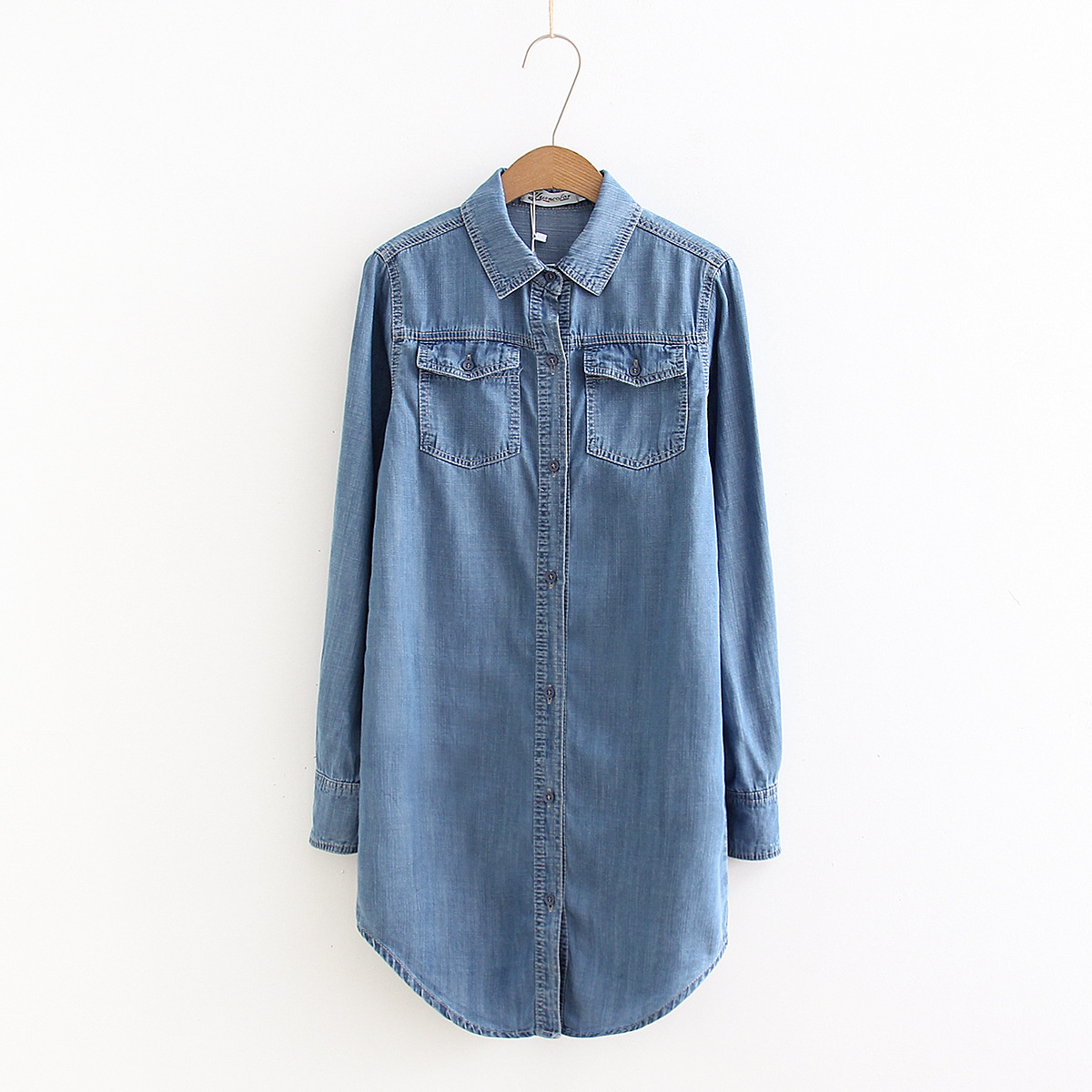 天丝牛仔衬衫女新款中长款女式衬衫修身衬衣女牛仔衬衣