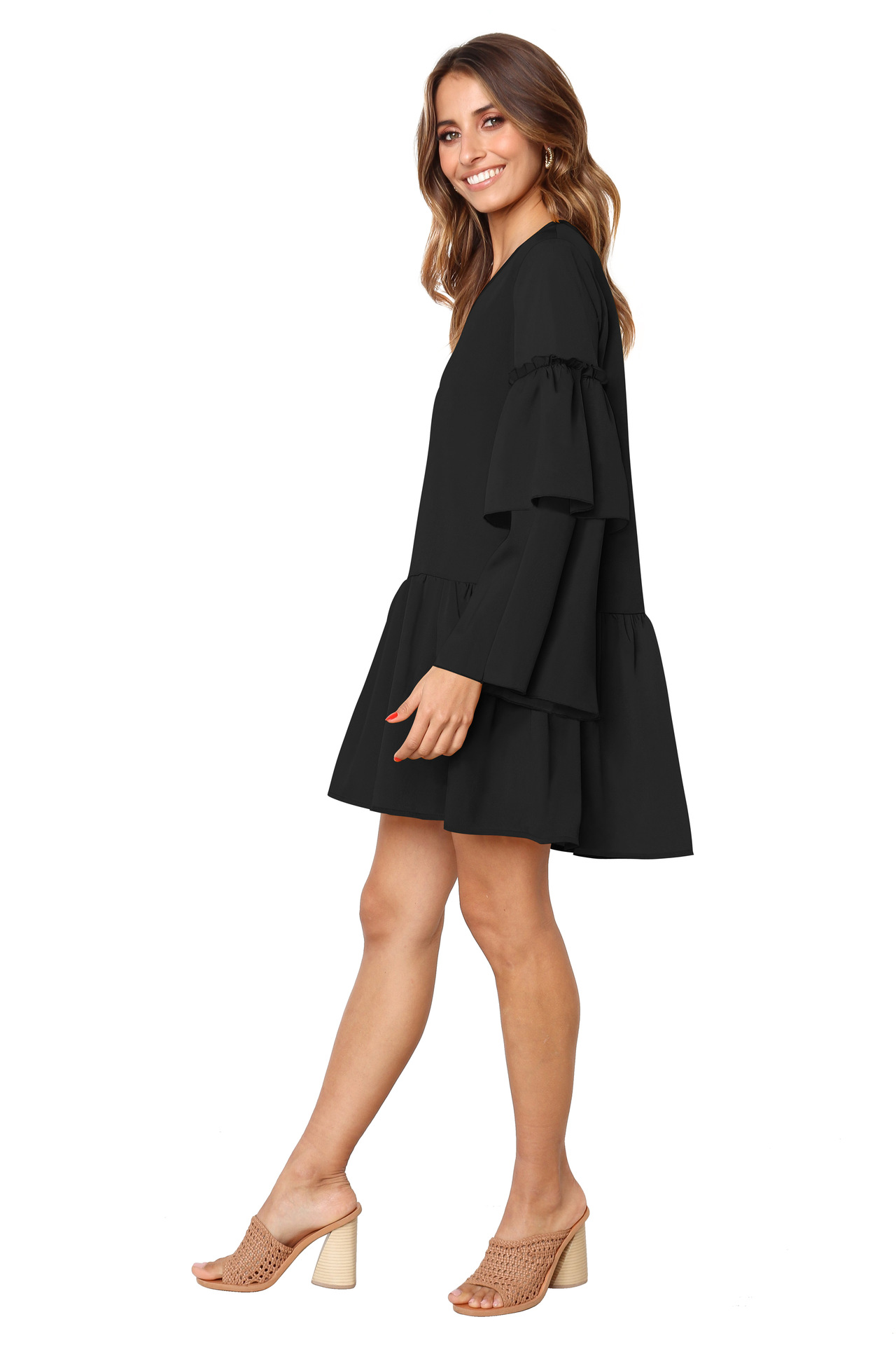 2019新款人棉堆堆袖宽松连衣裙 4色5码现货出售