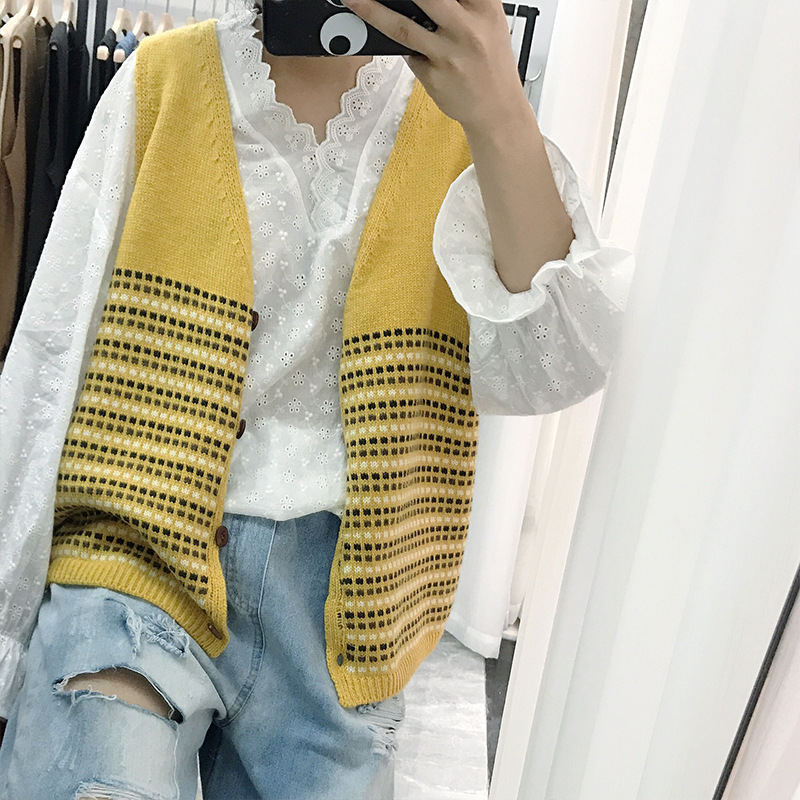 春节新款文艺范v领拼色针织马甲背心女 韩版宽松原创毛衣开衫上衣