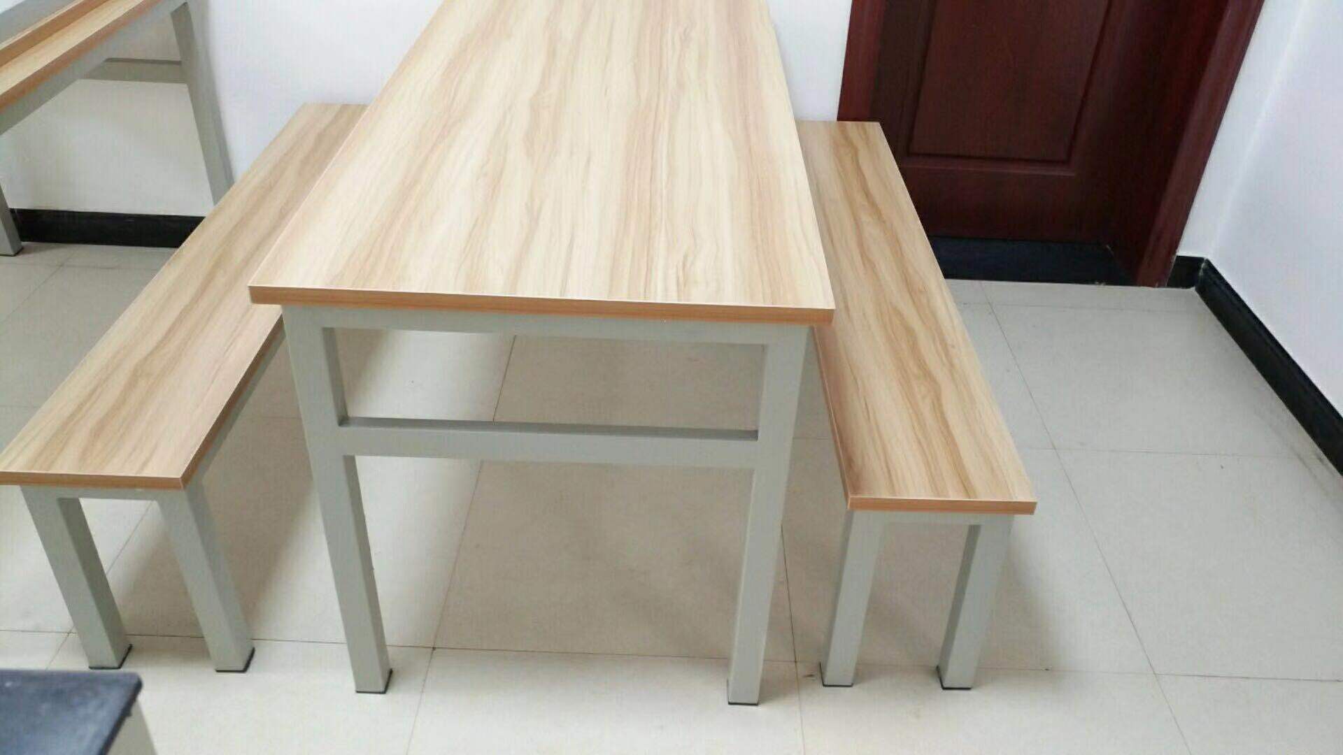 快餐店食堂桌椅组合户外餐桌椅实木桌面连体快餐桌长方形铁艺桌