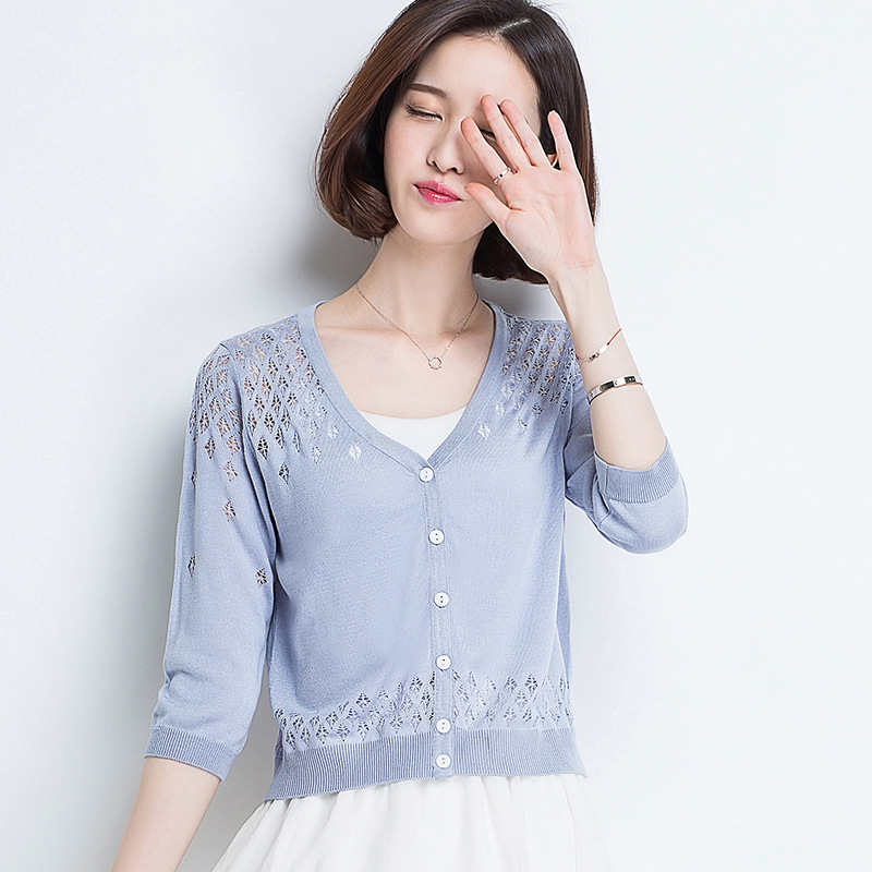 针织开衫女夏薄款外套针织衫夏季防晒坎肩短款镂空小披肩外搭