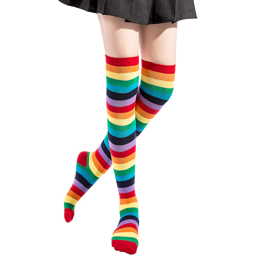 彩虹长筒袜七彩条纹过膝袜 外贸热销高筒袜 派对圣诞狂欢棉袜