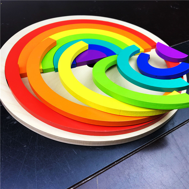 木制七彩虹圆形拼图积木圆盘拼板创意儿童早教益智玩具拱形叠叠乐